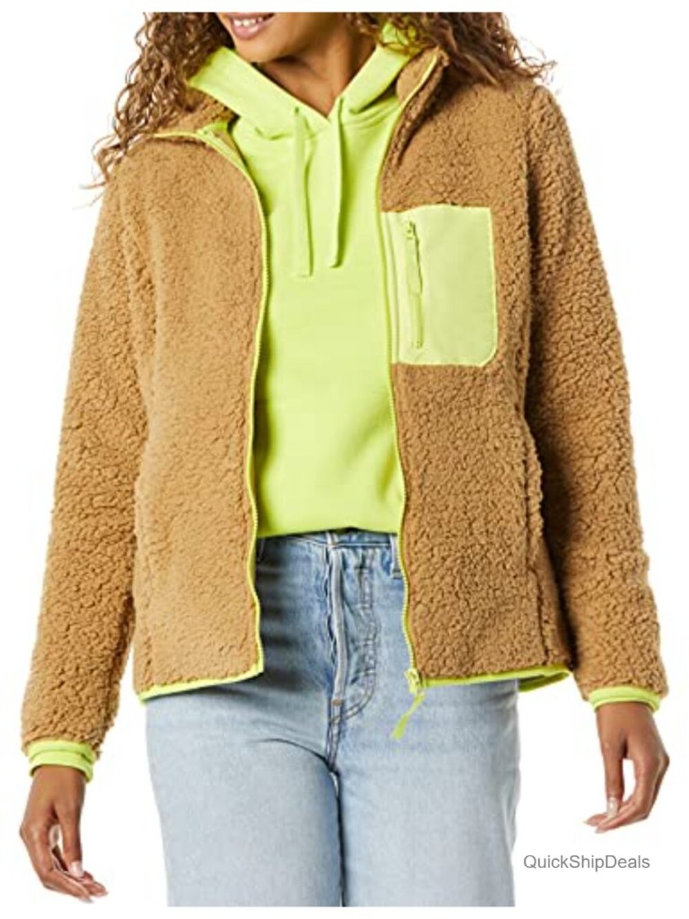 Sherpa Fleece Zip-Up Jacket with Woven Trim